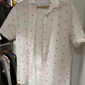 Cactus White Short-Sleeve Button-Down Shirt with Pink Flamingo Print